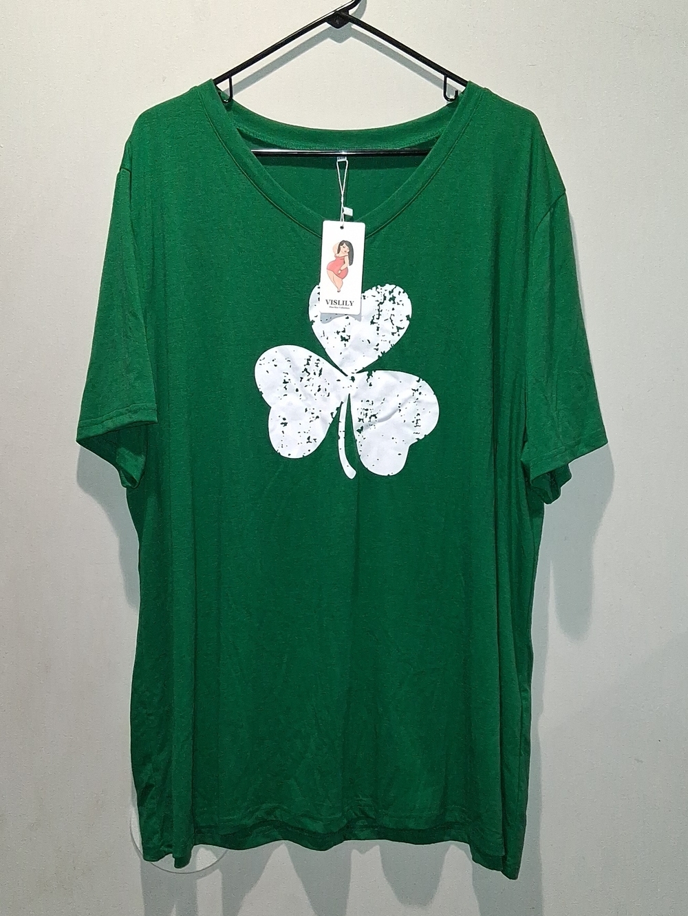 Green Tee with Distressed White Shamrock Graphic